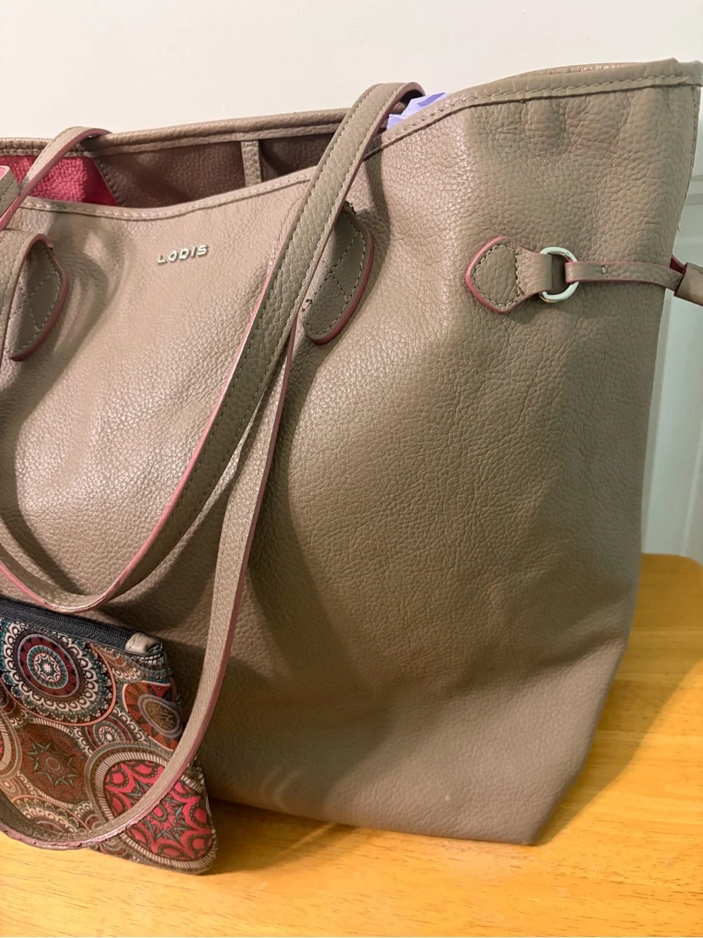 Lodis Taupe Leather Tote with Pink Trim and Matching Wristlet